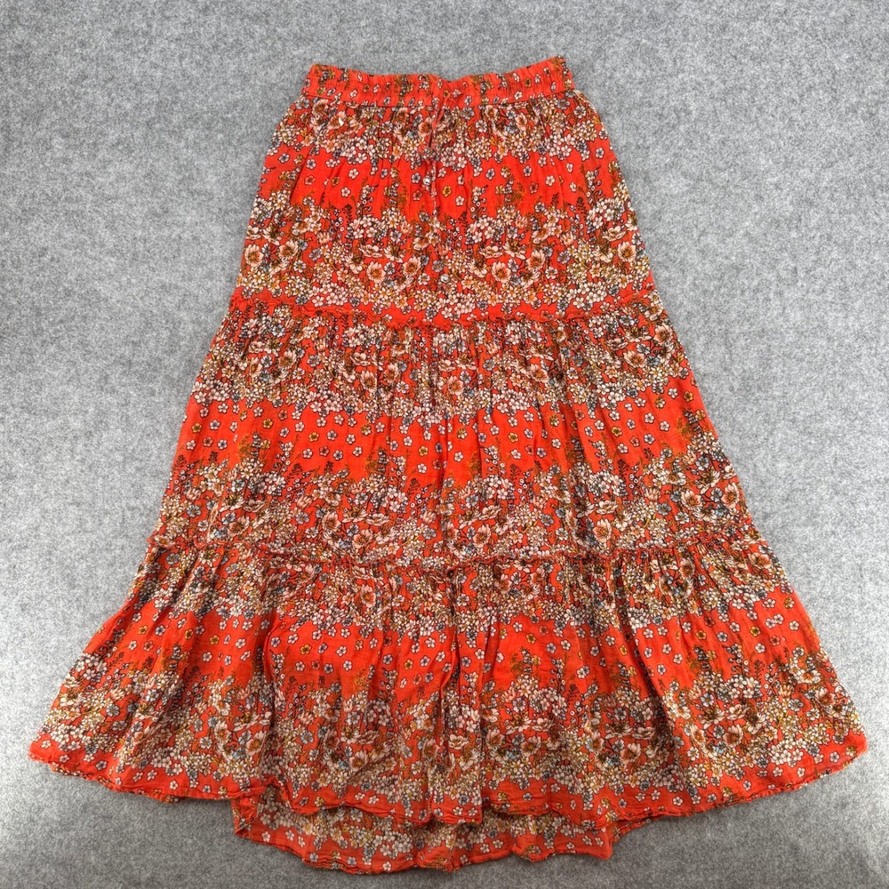 VTG Argee Design Studio Skirt Womens M Maxi Orange Floral Tiered EUC
